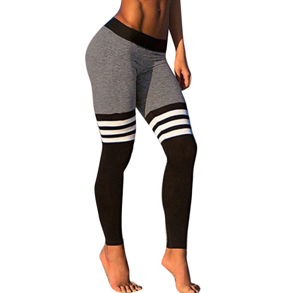 Women Fitness Yoga Leggings High Waist Stripe Patchwork Skinny Push Up Pants